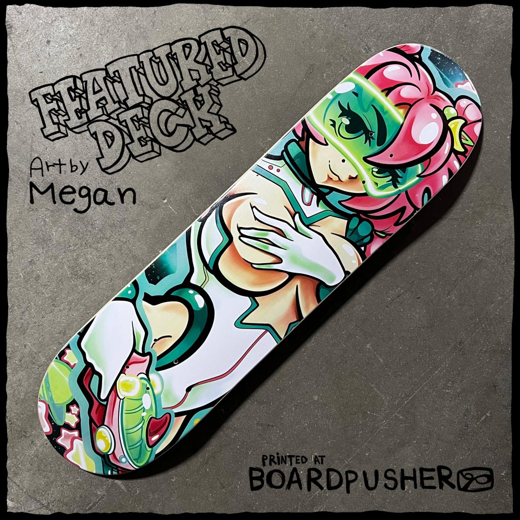 megan urbanski tattoo artist space babe anime manga custom skateboard design