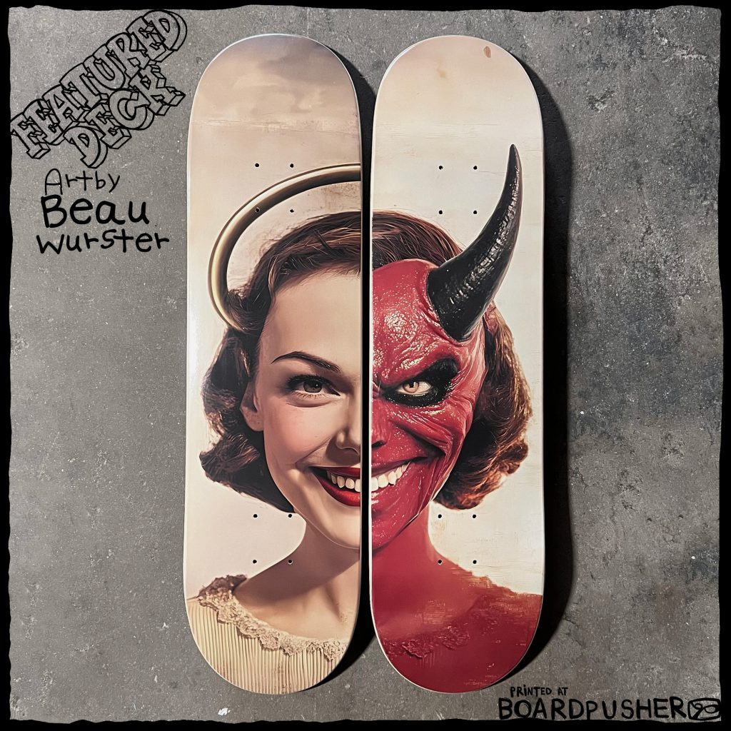 beau wurster good evil angel devil diptych custom skateboard deck series