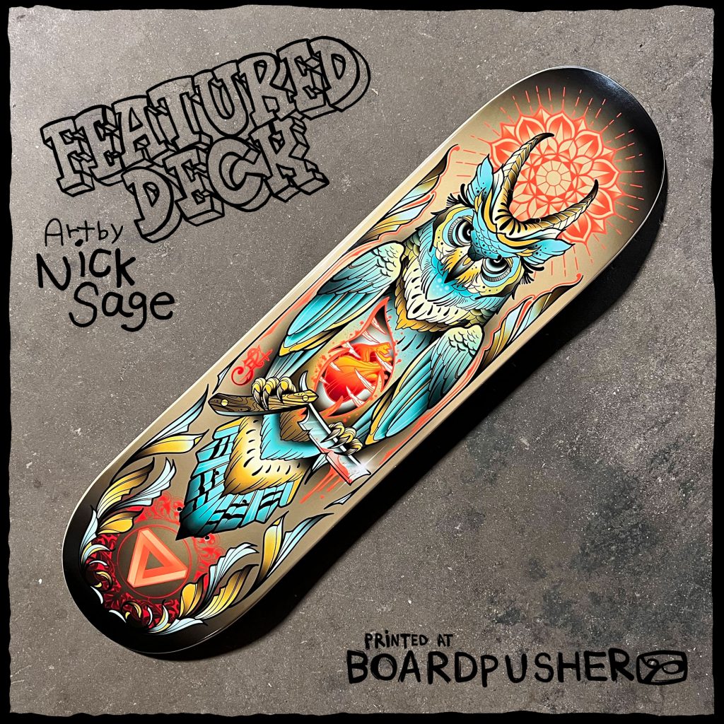 nick sage horned owl barber straight razor traditional tattoo art custom skateboard